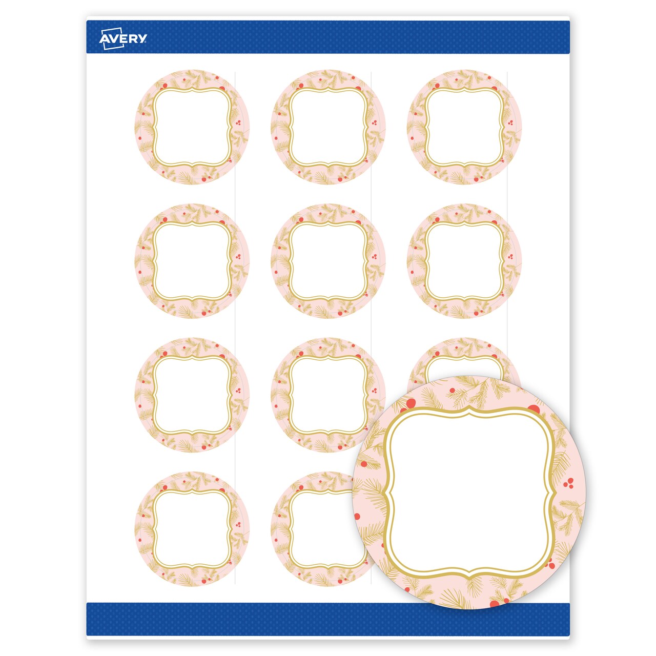 Avery Printable Christmas Labels with Sure Feed Technology, Round, 2" Diameter, Pre-Printed Pink & Metallic Gold Border with Holly Design, Matte White, Laser & Inkjet Compatible, 120 Total